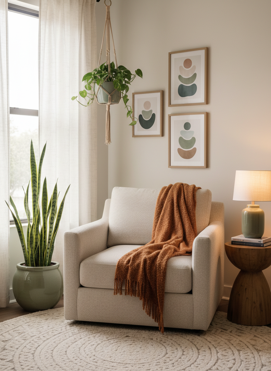 Ambiente acolhedor de consultorio de psicologia com poltrona e plantas
